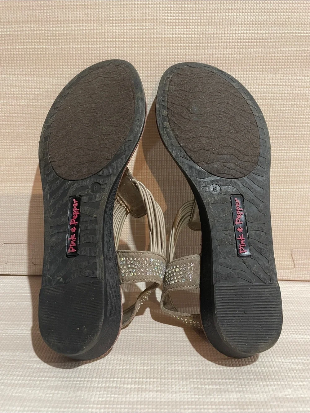 Pink & Pepper Taupe Rhinestone T-Strap Sandals